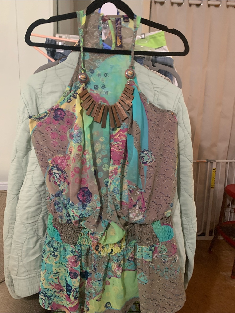 Floral Pattern Halter Cami Top in Teal and Taupe